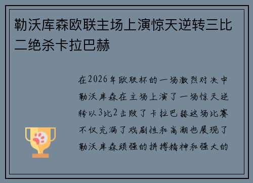 勒沃库森欧联主场上演惊天逆转三比二绝杀卡拉巴赫