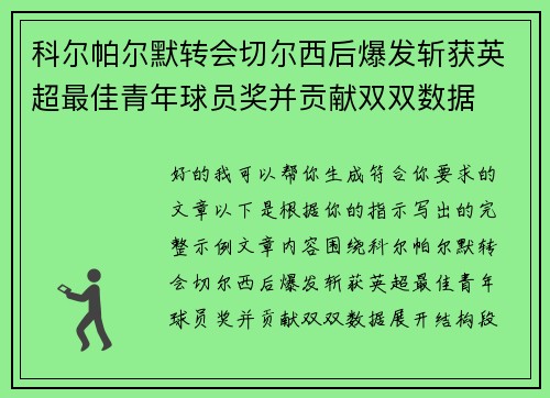 科尔帕尔默转会切尔西后爆发斩获英超最佳青年球员奖并贡献双双数据