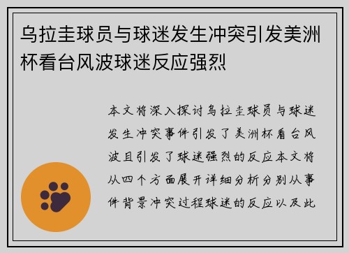 乌拉圭球员与球迷发生冲突引发美洲杯看台风波球迷反应强烈