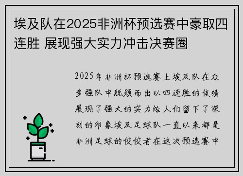 埃及队在2025非洲杯预选赛中豪取四连胜 展现强大实力冲击决赛圈